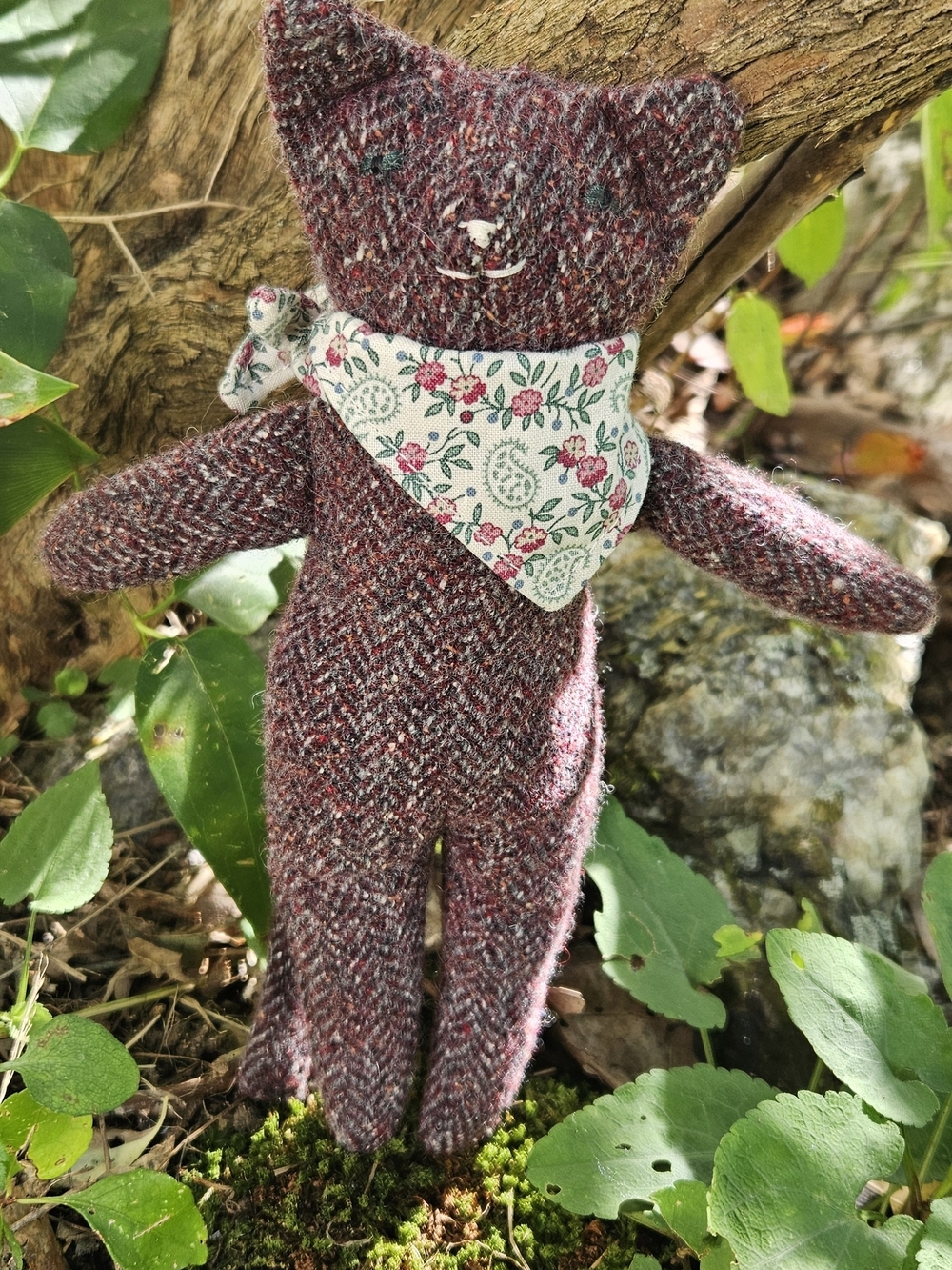 Handmade Tweed Cat Doll with Floral Bandana